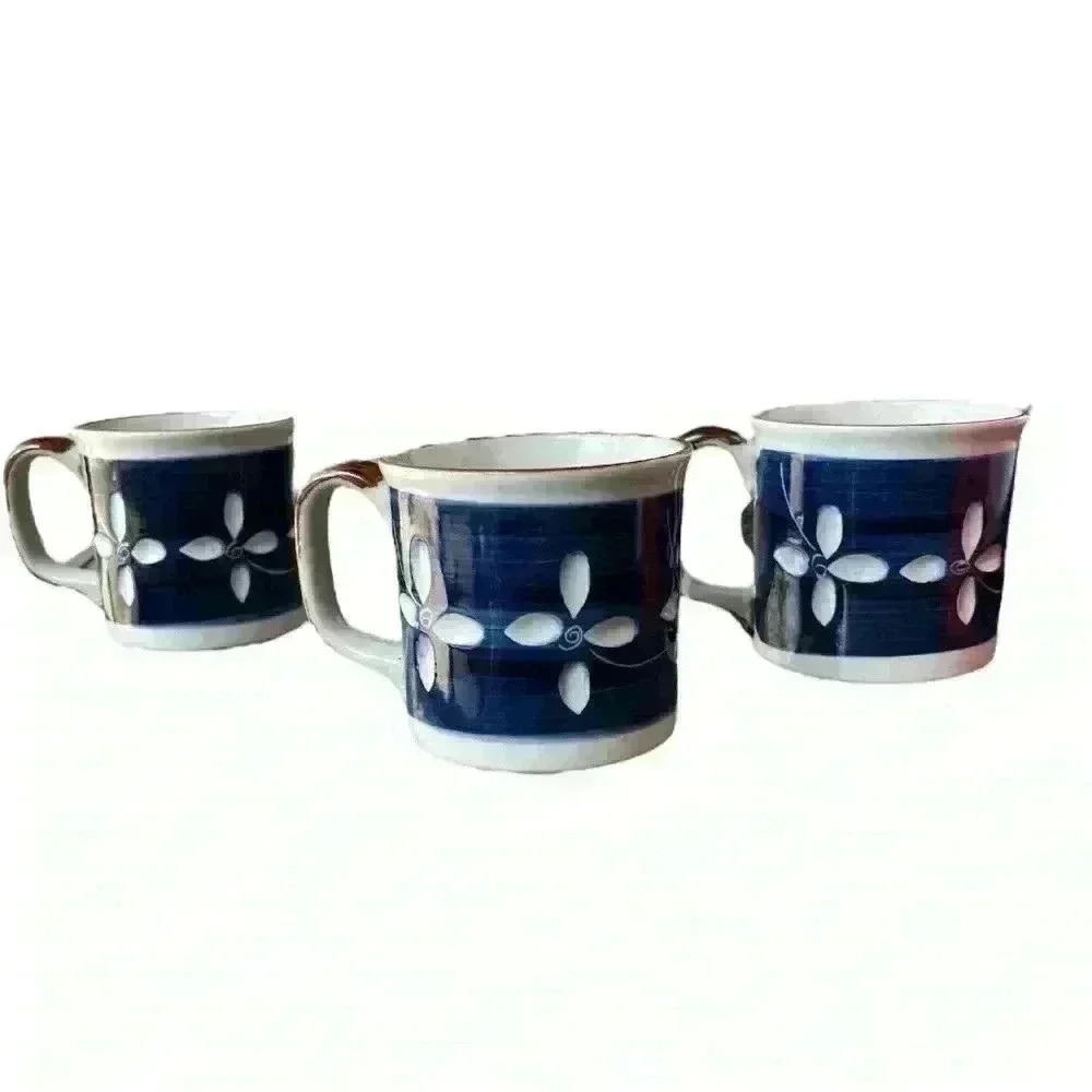 Set of 3 vintage carved cobalt blue stoneware mugs with floral motif - Picture 3 of 15